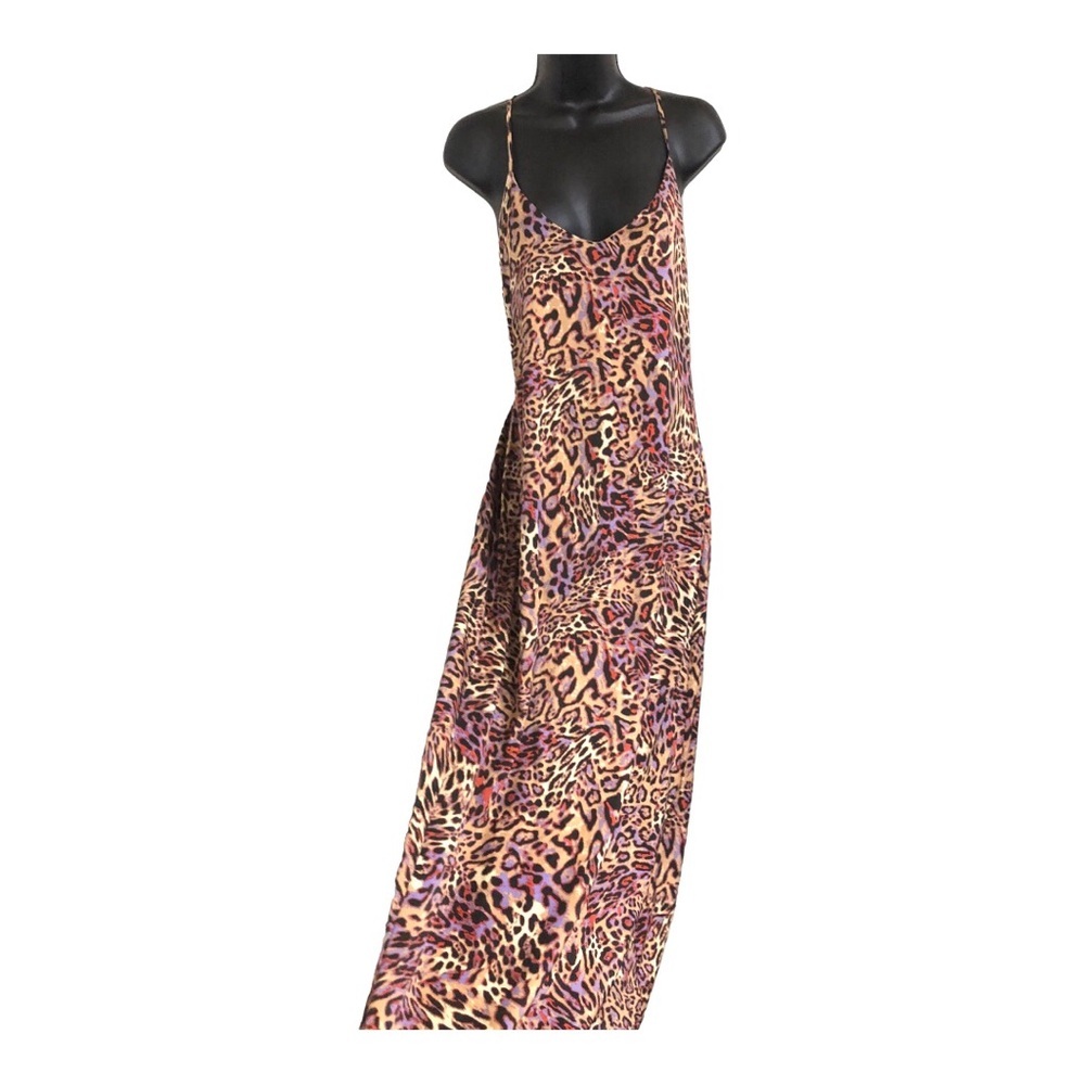 Nicole Miller satin effect animal print v-neck halter maxi dress size large new